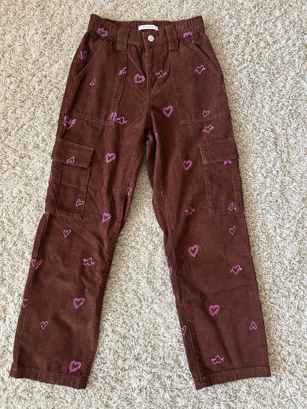 Pacsun Brown Corduroy Cargo Pants with Heart Embroidery 
Size  XS